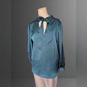 Teal Satin Tie Neck Secretary Blouse Polyester Bow Collar Top